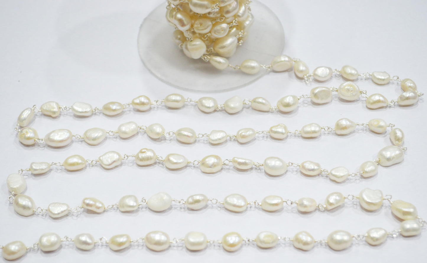 Natural Organic Easter Pearl Smooth Nuggets Shape Rosary Beaded Chain , 8 - 10 mm , RB-6363