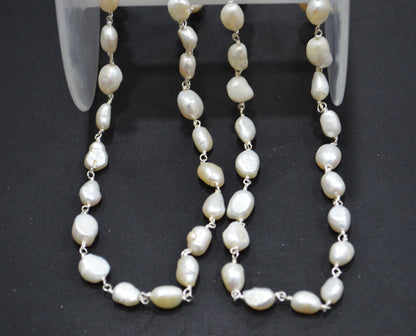 Natural Organic Easter Pearl Smooth Nuggets Shape Rosary Beaded Chain , 8 - 10 mm , RB-6363