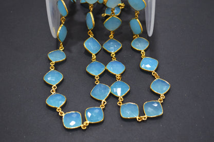 Blue Topaz Chalcedony Faceted Cushion Shape Connector Chain , 14 mm , RB-6364A