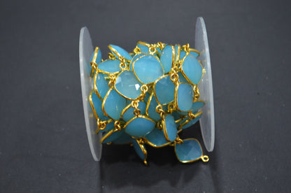 Blue Topaz Chalcedony Faceted Cushion Shape Connector Chain , 14 mm , RB-6364A