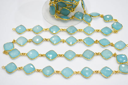 Blue Topaz Chalcedony Faceted Cushion Shape Connector Chain , 14 mm , RB-6364A