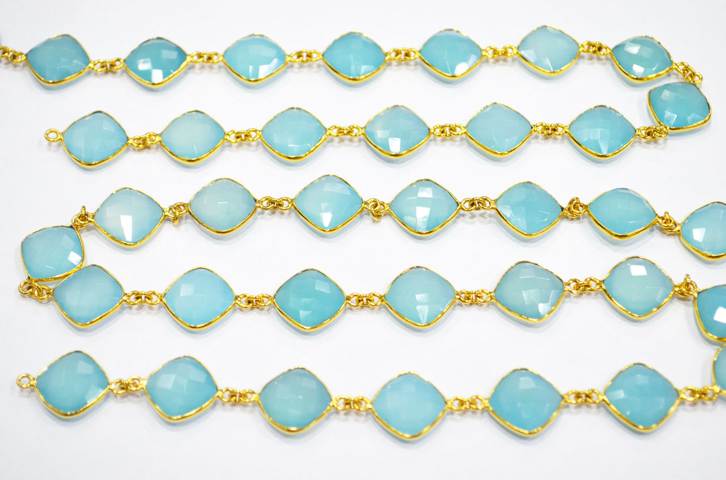 Blue Topaz Chalcedony Faceted Cushion Shape Connector Chain , 14 mm , RB-6364A