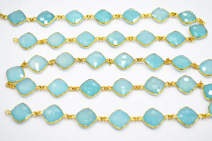 Blue Topaz Chalcedony Faceted Cushion Shape Connector Chain , 14 mm , RB-6364A