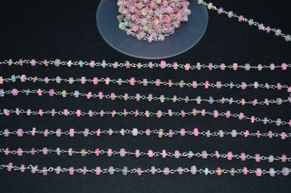 Pink Ethiopian Opal Smooth Rondelle Shape Rosary Beaded Chain , 4 - 4.50 mm , RB-6364