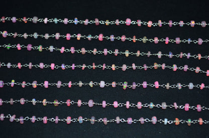Pink Ethiopian Opal Smooth Rondelle Shape Rosary Beaded Chain , 4 - 4.50 mm , RB-6364
