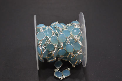 Blue Topaz Chalcedony Faceted Hexagon Shape Connector Chain , 10 mm , RB-6365