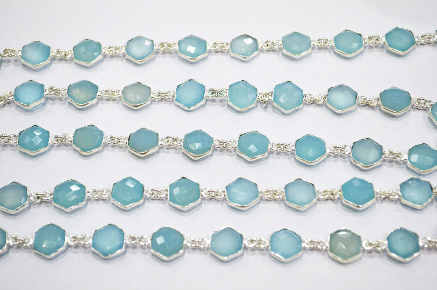 Blue Topaz Chalcedony Faceted Hexagon Shape Connector Chain , 10 mm , RB-6365