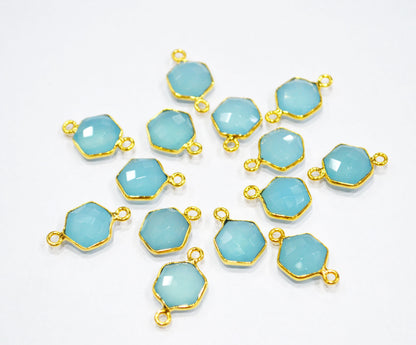 Blue Topaz Chalcedony Faceted Hexagon Shape Double Bail Connector , Blue Topaz Chalcedony Single Bail Connector , Sold By Piece , 10 mm , RB-6366