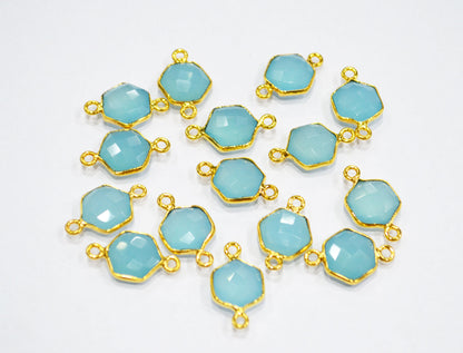 Blue Topaz Chalcedony Faceted Hexagon Shape Double Bail Connector , Blue Topaz Chalcedony Single Bail Connector , Sold By Piece , 10 mm , RB-6366