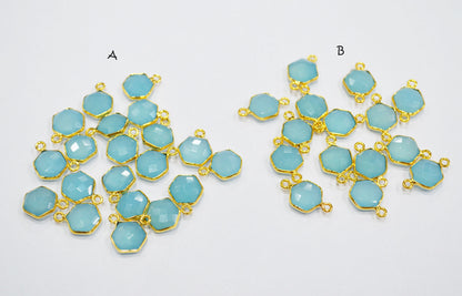 Blue Topaz Chalcedony Faceted Hexagon Shape Double Bail Connector , Blue Topaz Chalcedony Single Bail Connector , Sold By Piece , 10 mm , RB-6366