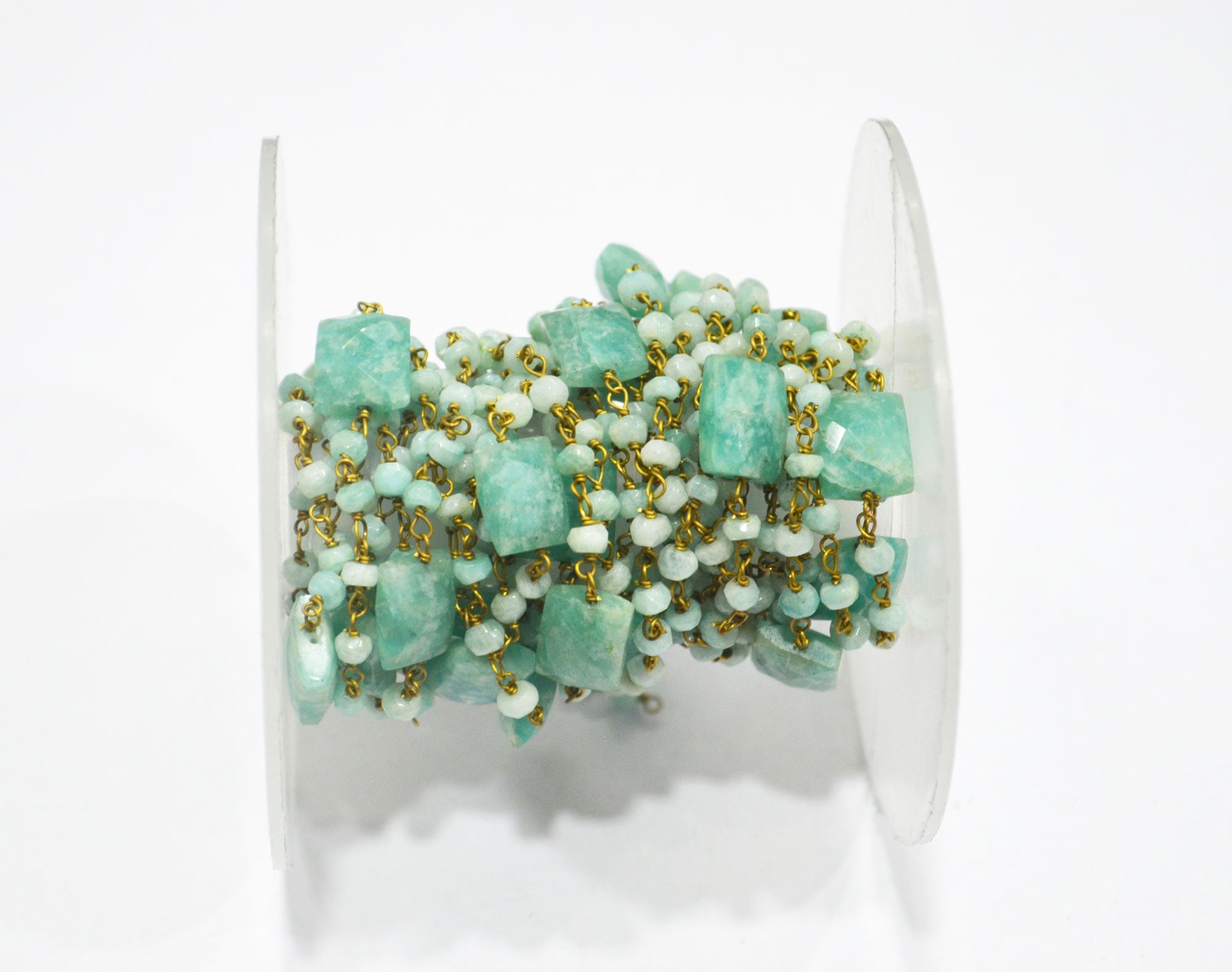 Amazonite Faceted Rondelle Rosary Beaded Chain , Amazonite Faceted Chicklet Shape Wire Wrapped Chain , 8x10 mm , RB-6372