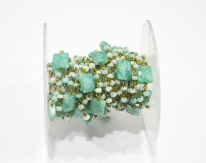 Amazonite Faceted Rondelle Rosary Beaded Chain , Amazonite Faceted Chicklet Shape Wire Wrapped Chain , 8x10 mm , RB-6372