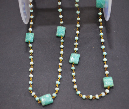 Amazonite Faceted Rondelle Rosary Beaded Chain , Amazonite Faceted Chicklet Shape Wire Wrapped Chain , 8x10 mm , RB-6372