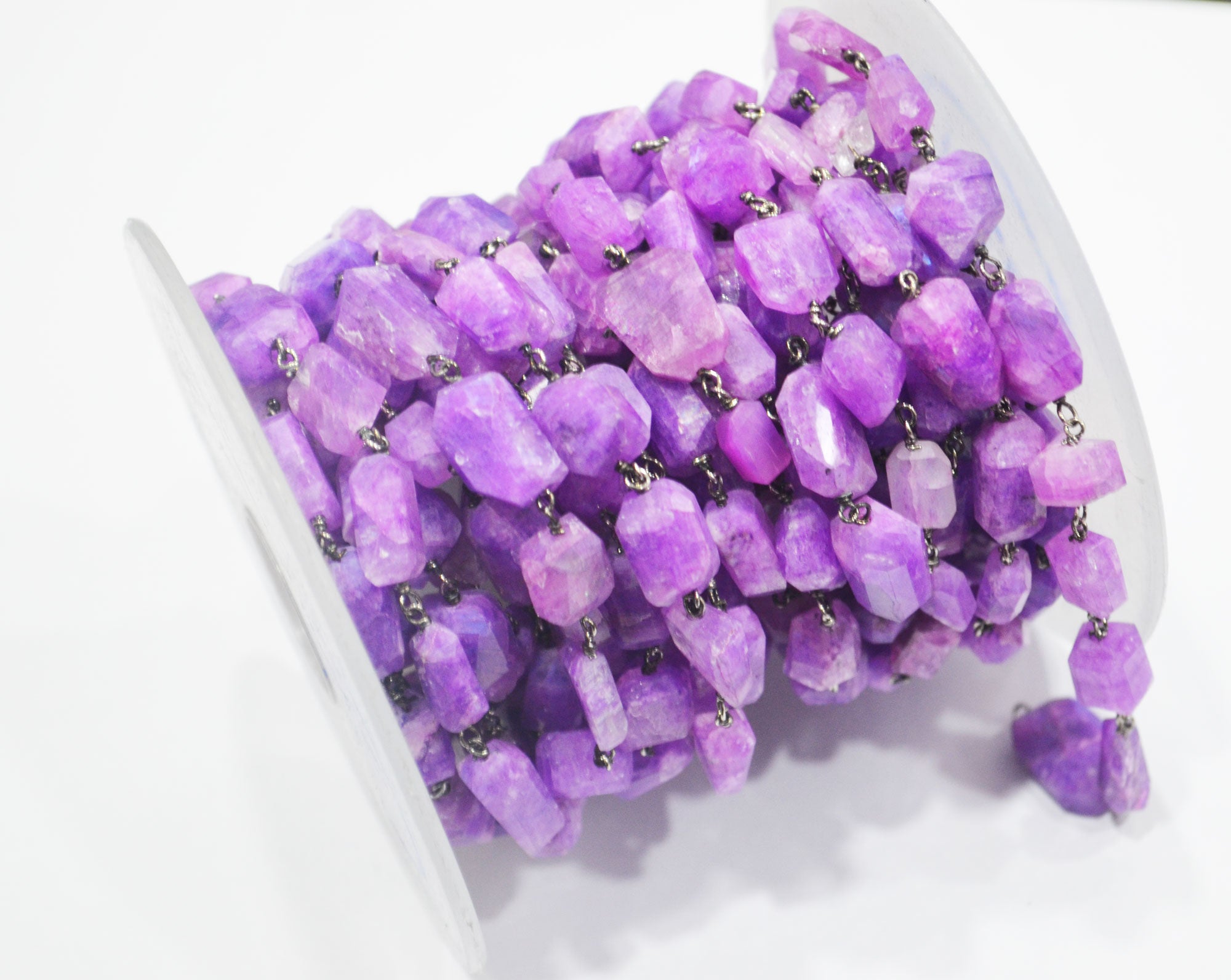 Lavender Rainbow Moonstone Laser Cut Nuggets Shape Rosary Beaded Chain , 6x10 - 8x13 mm , RB-6373