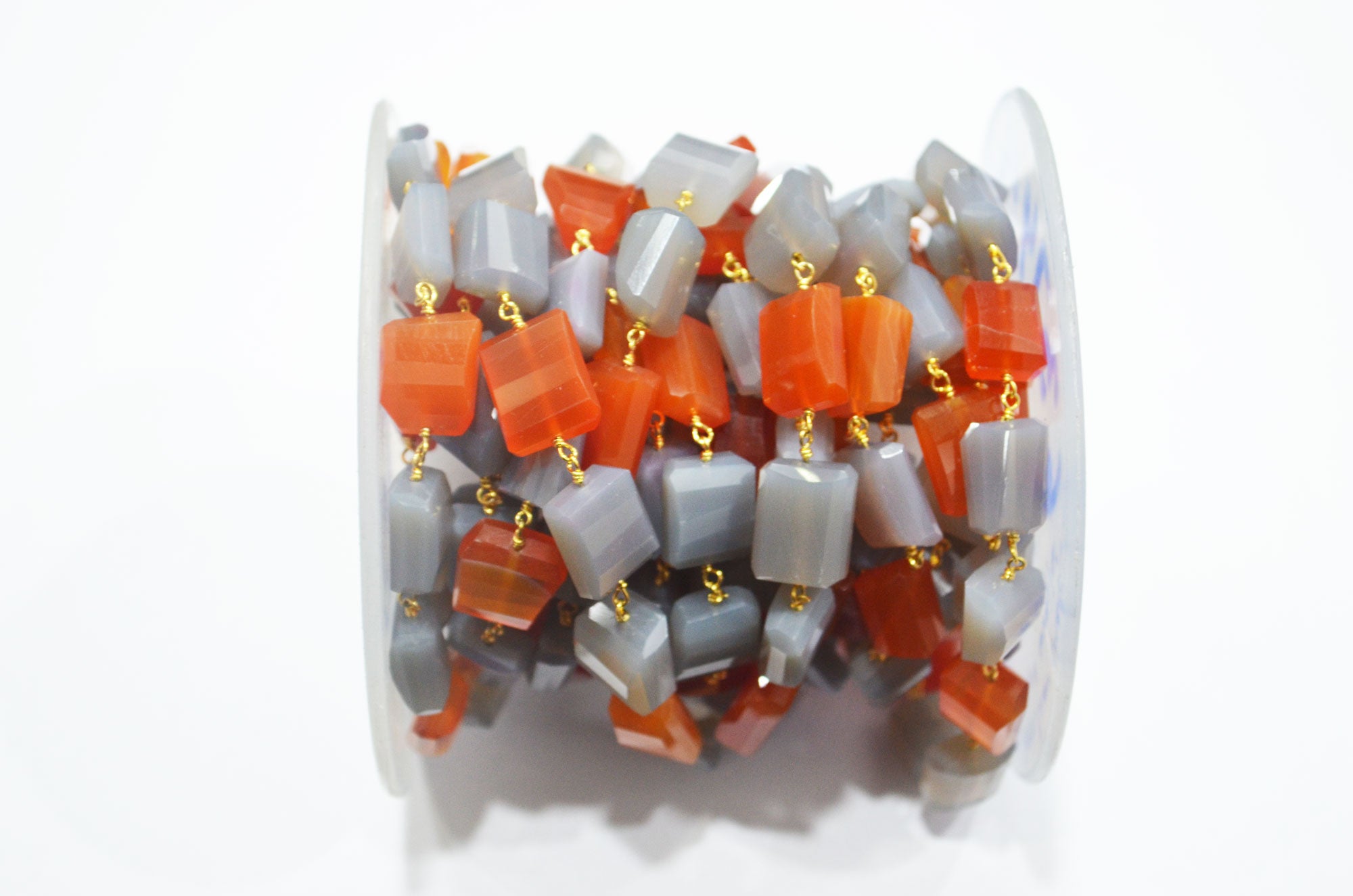 Gray Chalcedony Laser Cut Nuggets Rosary Beaded Chain , Carnelian Chalcedony Wire Wrapped Chain , 9x10 - 11x14 mm , RB-6374