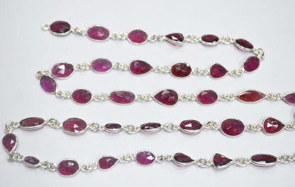 Natural Rhodolite Rose Cut Mix Shape Connector Chain , Natural Rhodolite One Side Flat Bezel Link Chain , 7 - 10 mm , RB-6375