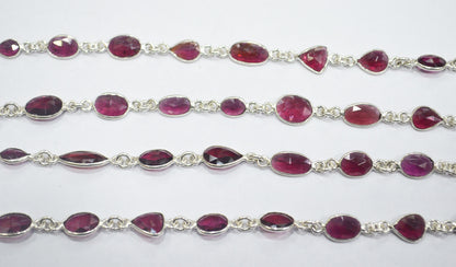 Natural Rhodolite Rose Cut Mix Shape Connector Chain , Natural Rhodolite One Side Flat Bezel Link Chain , 7 - 10 mm , RB-6375