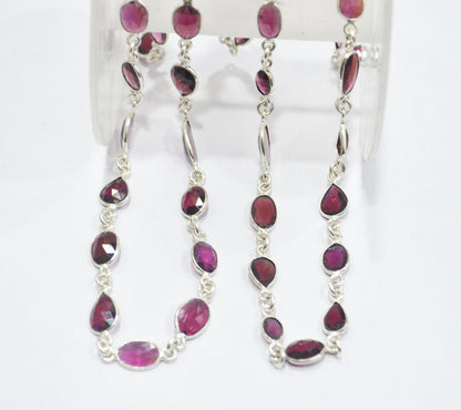 Natural Rhodolite Rose Cut Mix Shape Connector Chain , Natural Rhodolite One Side Flat Bezel Link Chain , 7 - 10 mm , RB-6375
