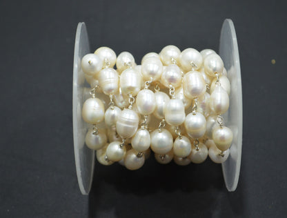 Natural Organic Easter Pearl Smooth Egg Shape Rosary Beaded Chain , 7.5x10 - 8x12 mm , RB-6381