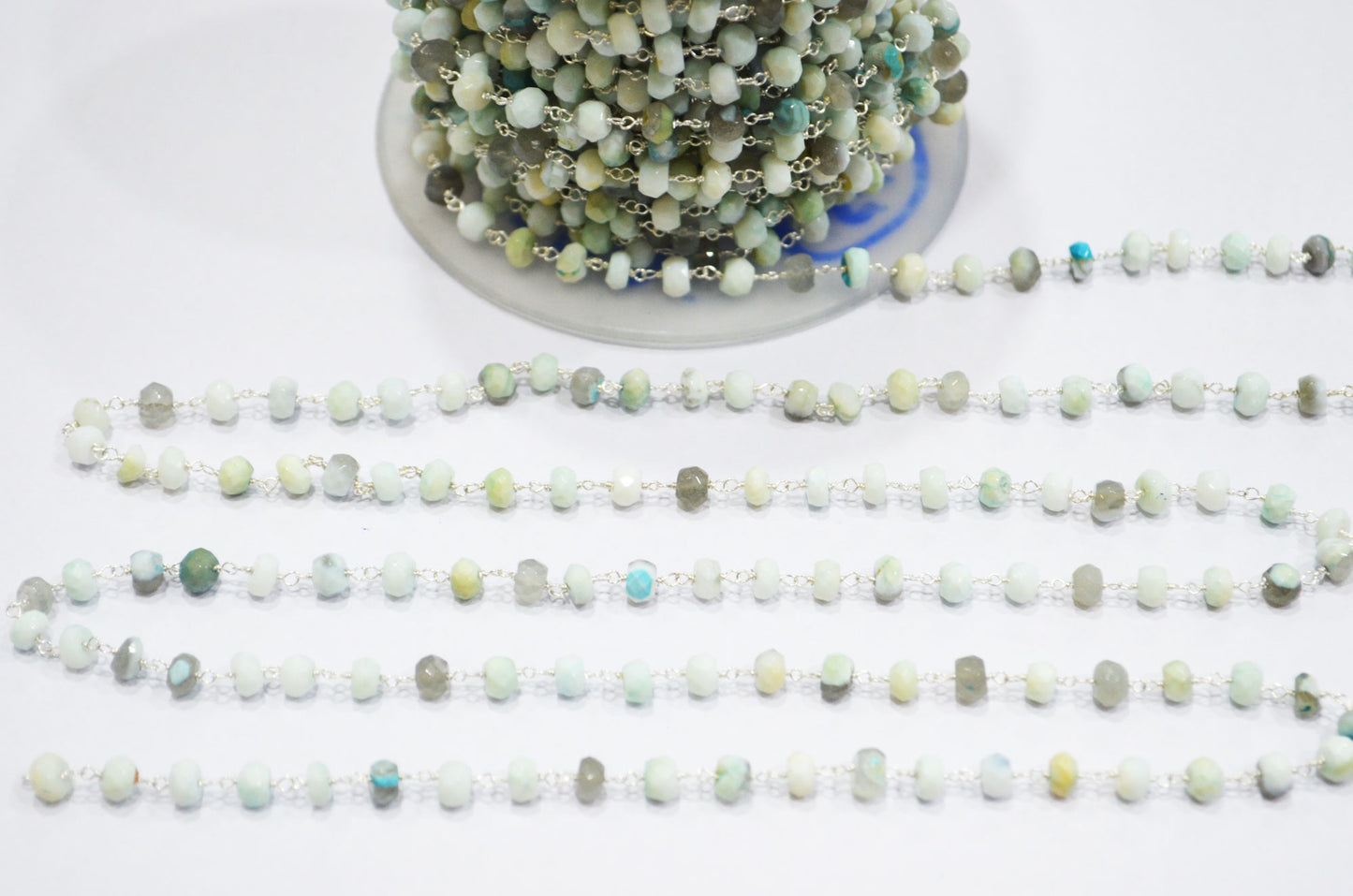 Blue Boulder Fossil Opal Faceted Rondelle Shape Rosary Beaded Chain , 5 - 6 mm , RB-6382