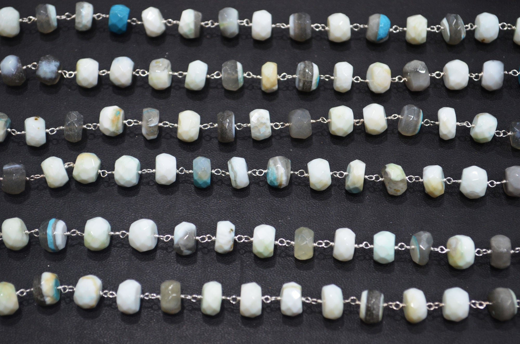 Blue Boulder Fossil Opal Faceted Rondelle Shape Rosary Beaded Chain , 8 - 9 mm , RB-6385