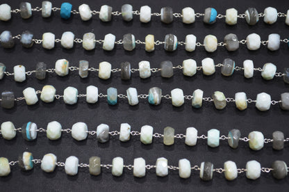 Blue Boulder Fossil Opal Faceted Rondelle Shape Rosary Beaded Chain , 8 - 9 mm , RB-6385