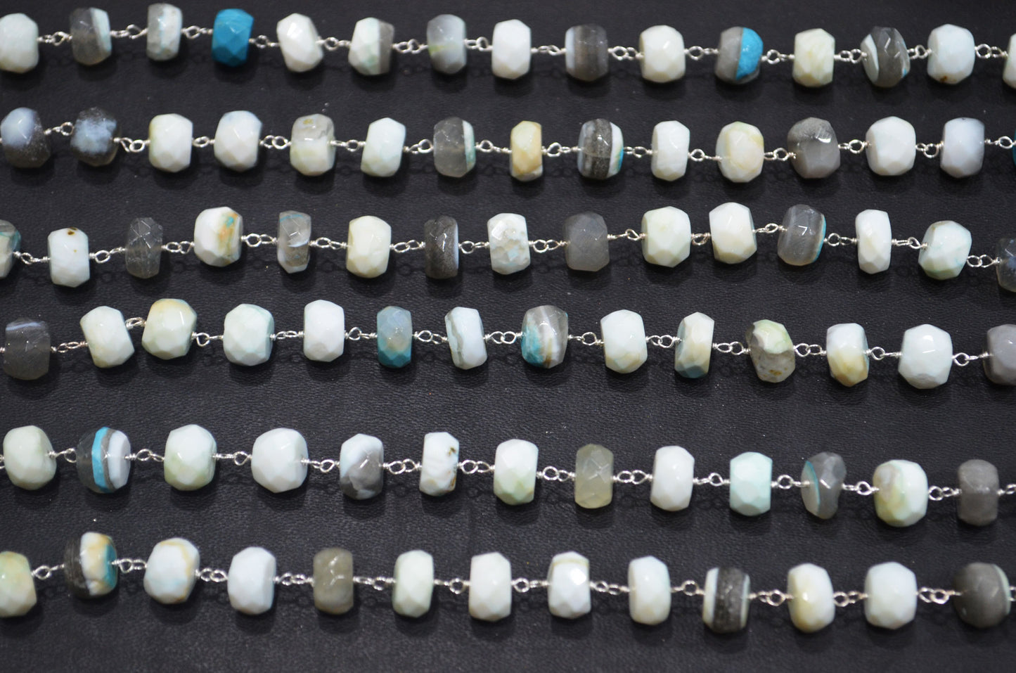 Blue Boulder Fossil Opal Faceted Rondelle Shape Rosary Beaded Chain , 8 - 9 mm , RB-6385