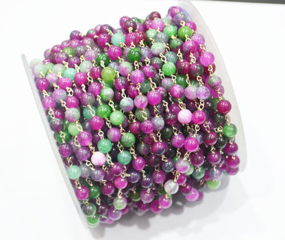 Ruby Zoisite Color Jade Smooth Round Shape Rosary Beaded Chain , 6 - 6.50 mm , RB-6387