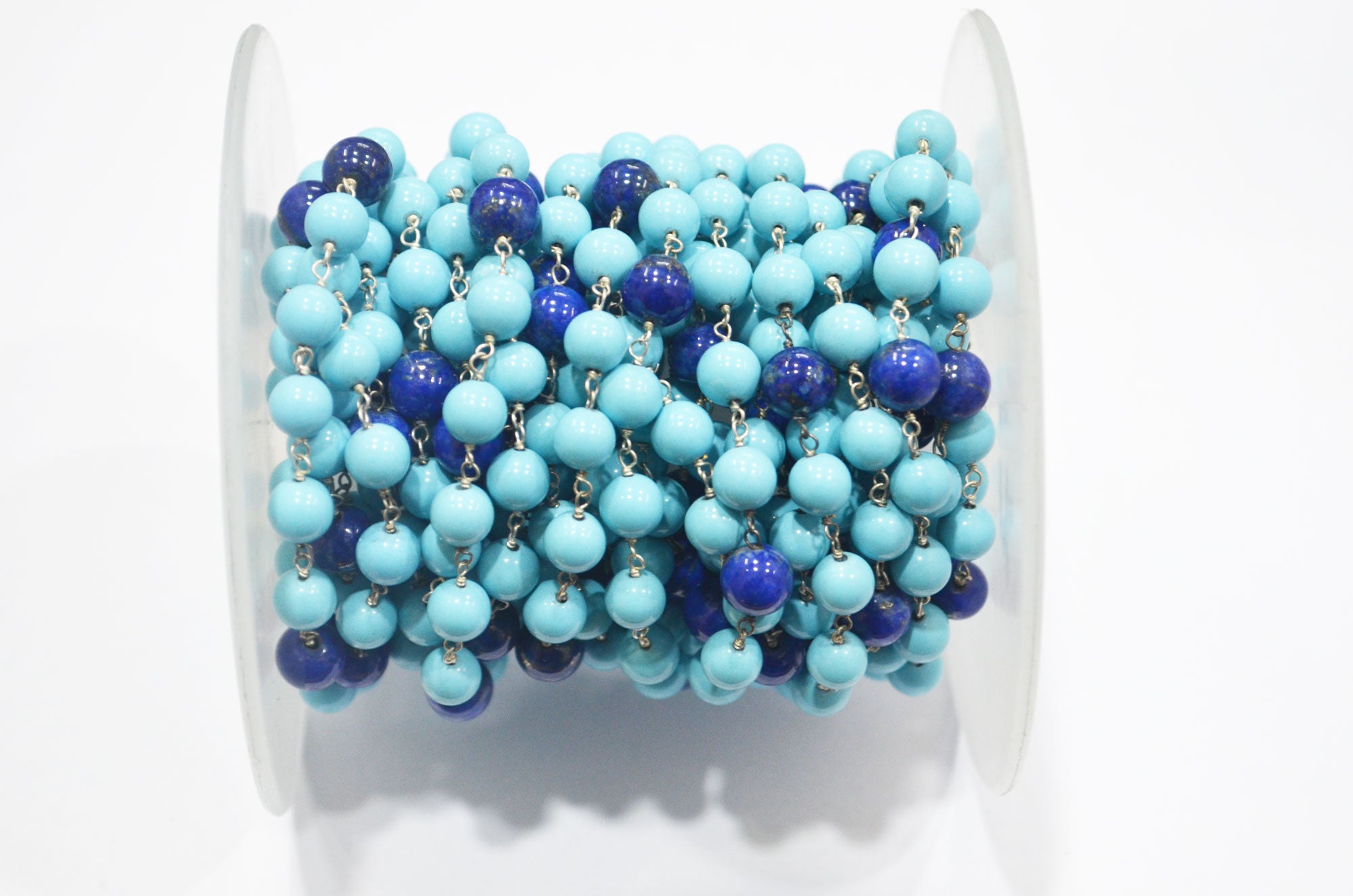 Synthetic Turquoise Smooth Round Shape Rosary Beaded Chain , Lapis Lazuli Round Shape Wire Wrapped Chain , 7 mm , RB-6395