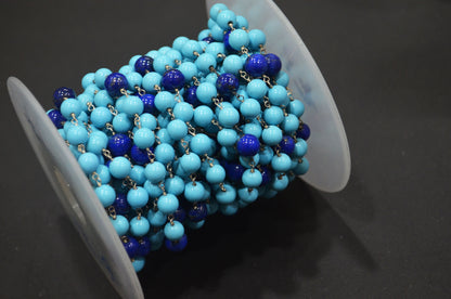 Synthetic Turquoise Smooth Round Shape Rosary Beaded Chain , Lapis Lazuli Round Shape Wire Wrapped Chain , 7 mm , RB-6395