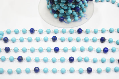 Synthetic Turquoise Smooth Round Shape Rosary Beaded Chain , Lapis Lazuli Round Shape Wire Wrapped Chain , 7 mm , RB-6395