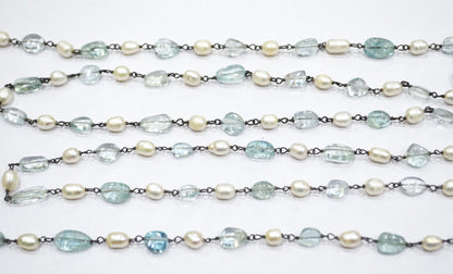 Natural Aquamarine Smooth Uneven Nuggets Shape Rosary Beaded Chain , 5 - 8 mm , RB-6407