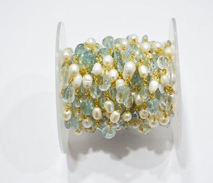 Natural Aquamarine Smooth Uneven Nuggets Shape Rosary Beaded Chain , 5 - 8 mm , RB-6407