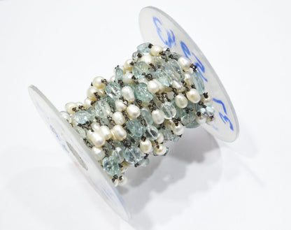Natural Aquamarine Smooth Uneven Nuggets Shape Rosary Beaded Chain , 5 - 8 mm , RB-6407
