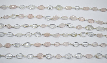 Rose Quartz Smooth Oval Shape Rosary Beaded Chain , 5x7 - 6x8 mm , RB-6414