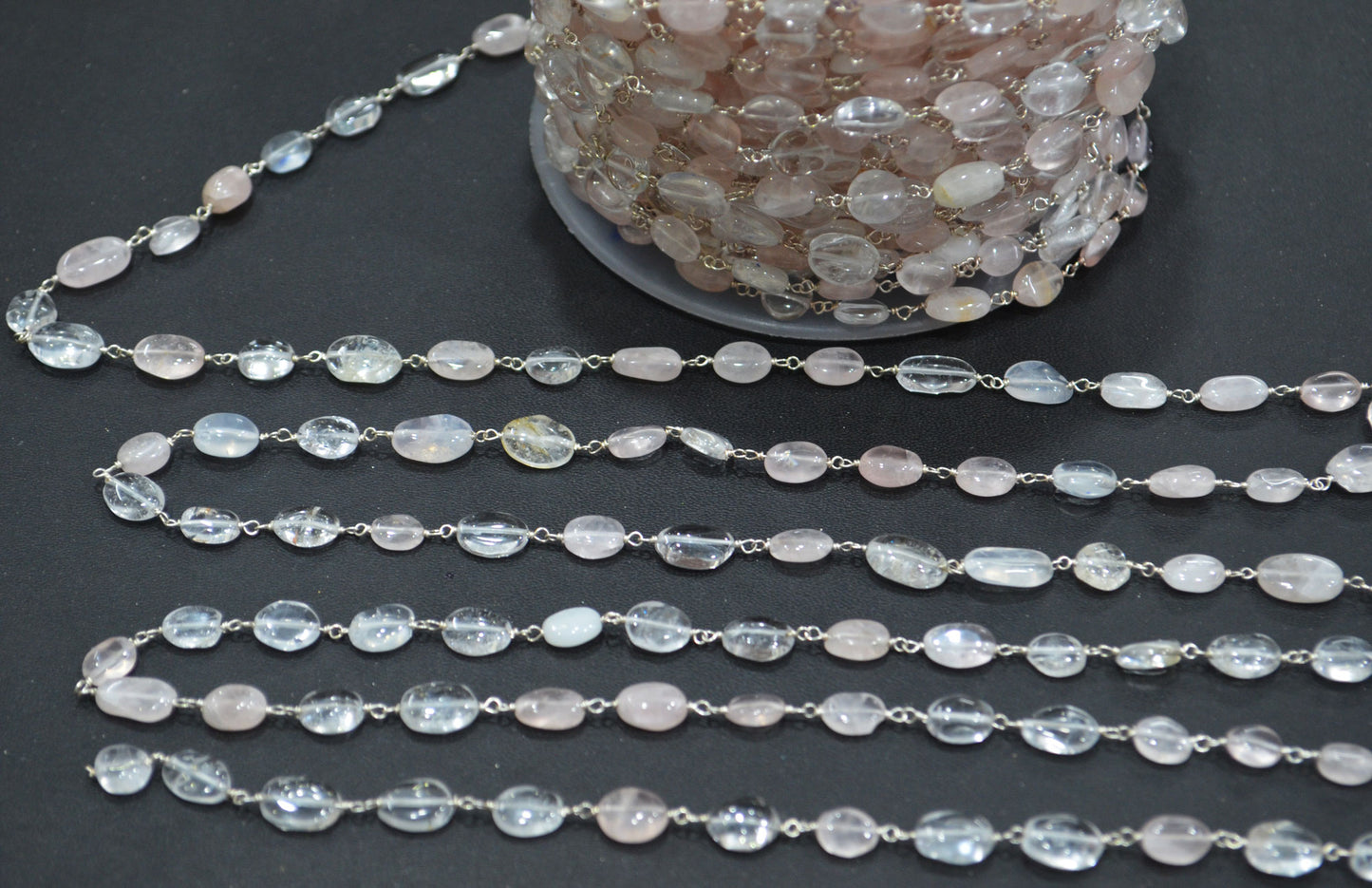 Rose Quartz Smooth Oval Shape Rosary Beaded Chain , 5x7 - 6x8 mm , RB-6414