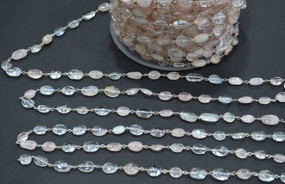 Rose Quartz Smooth Oval Shape Rosary Beaded Chain , 5x7 - 6x8 mm , RB-6414