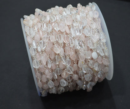 Rose Quartz Smooth Oval Shape Rosary Beaded Chain , 5x7 - 6x8 mm , RB-6414