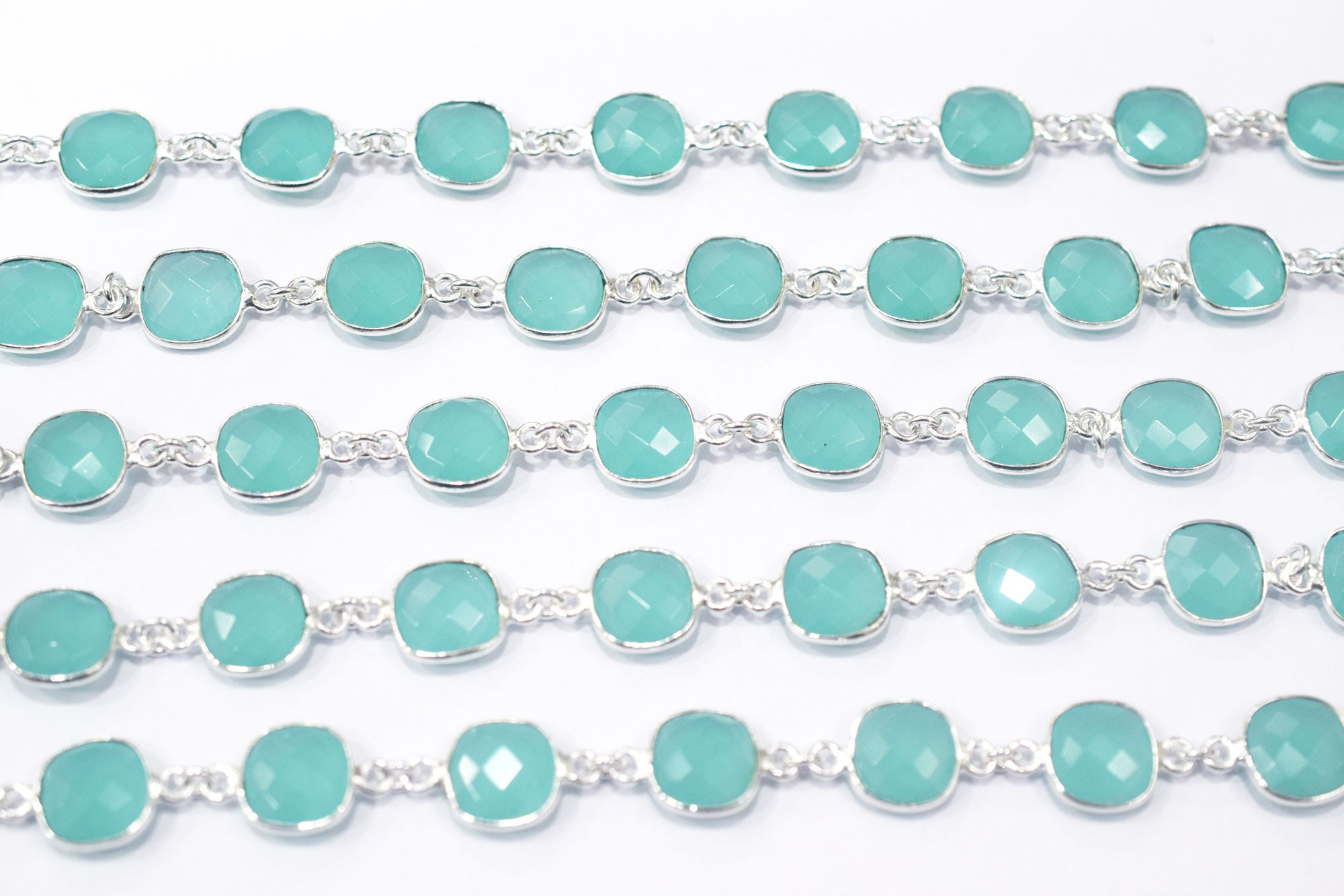 Aqua Chalcedony Faceted Cushion Shape Connector Chain , 11.50 mm , RB-6455