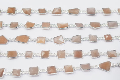 Peach Moonstone Faceted Fancy Cut Shape Connector Chain , 9.50x10.50 - 9.50x11.50 mm , RB-6457
