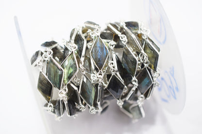 Labradorite Faceted Diamond Shape Connector Chain , 11x19 mm , RB-6460A