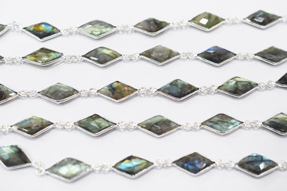 Labradorite Faceted Diamond Shape Connector Chain , 11x19 mm , RB-6460A
