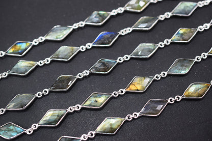 Labradorite Faceted Diamond Shape Connector Chain , 11x19 mm , RB-6460A
