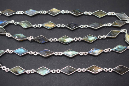 Labradorite Faceted Diamond Shape Connector Chain , 11x17 mm , RB-6460