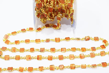 Carnelian Smooth Heishi Square Shape Connector Chain , 7 - 8 mm , RB-6461