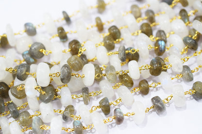 Rainbow Moonstone Irregular Rondelle Shape Rosary Beaded Chain , Sold By Foot , 3x8 - 5x10 mm , RB-6474