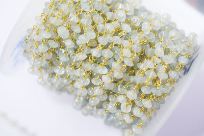 Aquamarine Smooth Button Shape Rosary Beaded Chain , 5 mm , RB-6476