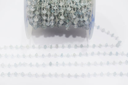 Aquamarine Smooth Button Shape Rosary Beaded Chain , 5 mm , RB-6476