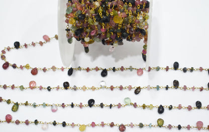Natural Multi Tourmaline Faceted Rondelle Shape Rosary Beaded Chain , Sold By Foot , 3 - 3.50 mm , RB-6499