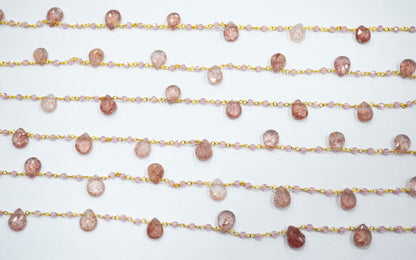 Natural Strawberry Quartz Faceted Pear Shape Rosary Beaded Chain , Pink Cubic Zircon Faceted Rondelle Shape Wire Wrapped Chain , Sold By Foot , 3 mm , RB-6501